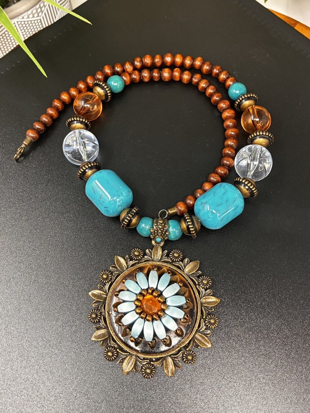 Boho Turquoise Blue Beaded Statement Necklace Large Floral Pendant Wood Beads